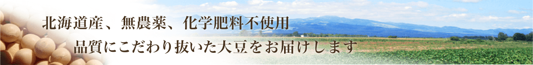 国産、北海道産、無農薬、化学肥料不使用。品質にこだわり抜いた大豆をお届けします